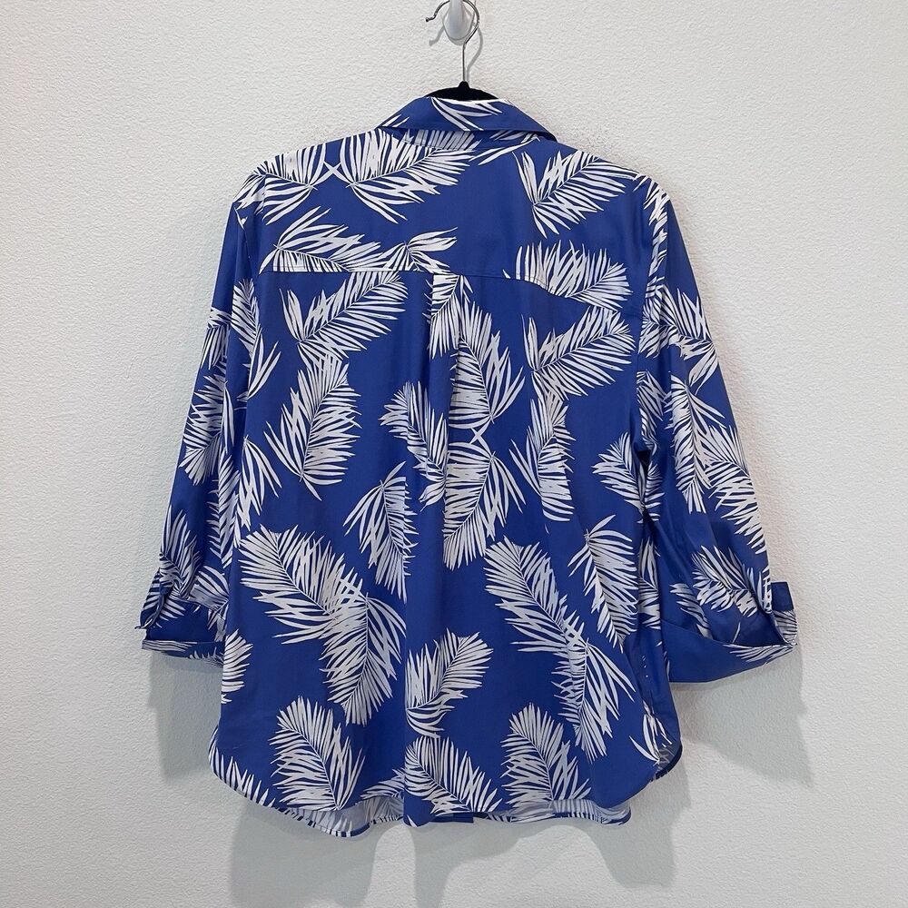 Chico’s Size 16 Button-Up Collared Blue/White Coastal Palm Shirt Cuffed Sleeve - Picture 5 of 7